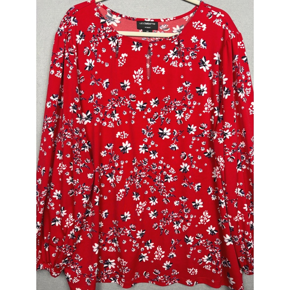 Liz Claiborne Woman Blouse Womens 3X Floral Keyhole Long Sleeve Stretch